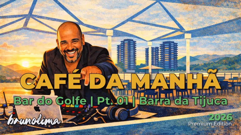 Ilustração em estilo pintura do DJ brunolima tocando um set de música brasileira no Bar do Golfe ao Pôr do Sol na Barra da Tijuca.